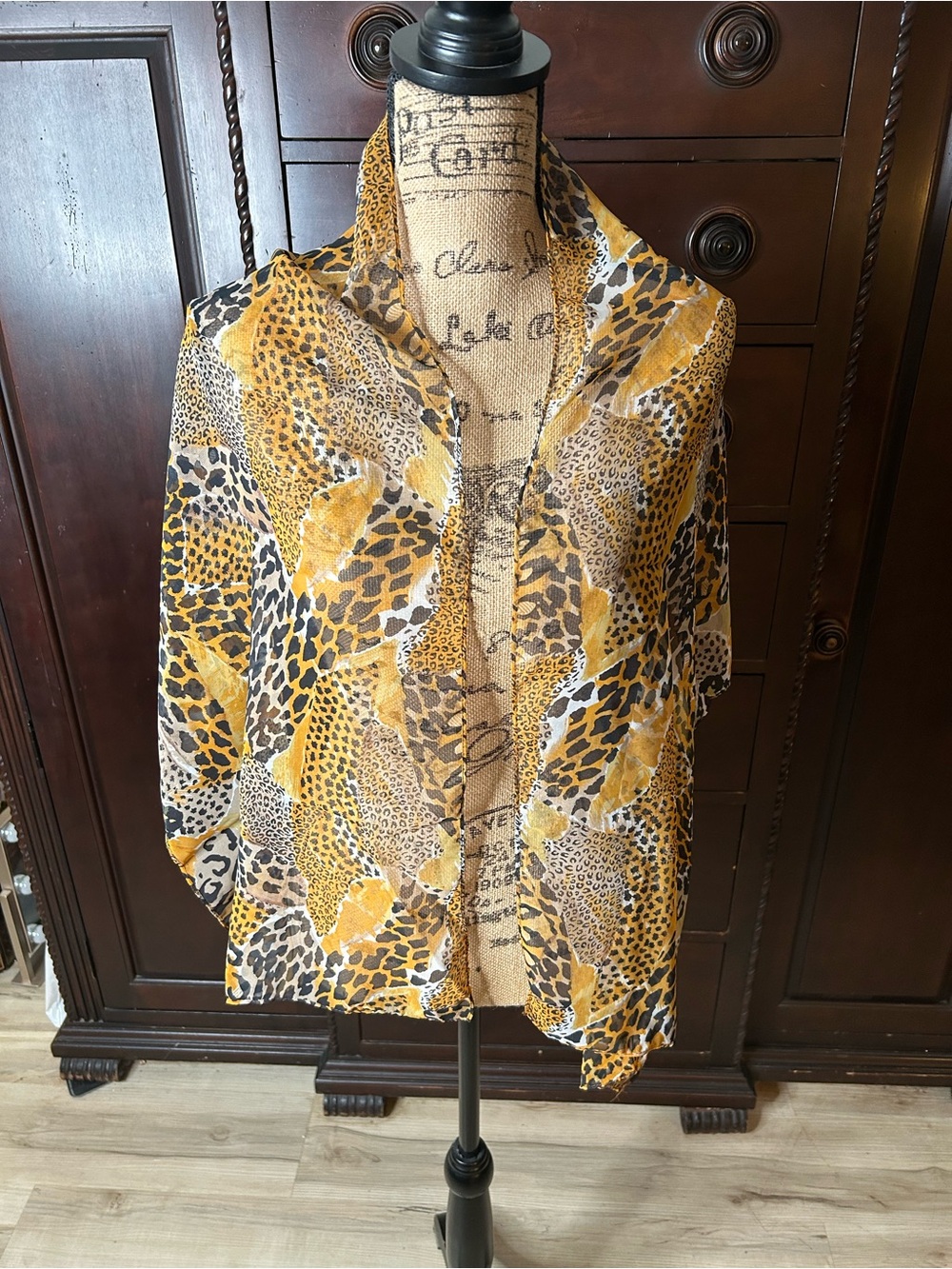Lightweight Animal Print Wrap Scarf in Mustard and Black